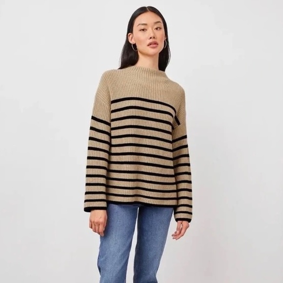 RAILS Claudia Stripe Funnel Neck Sweater Pullover Camel Ebony Tan Black Small
